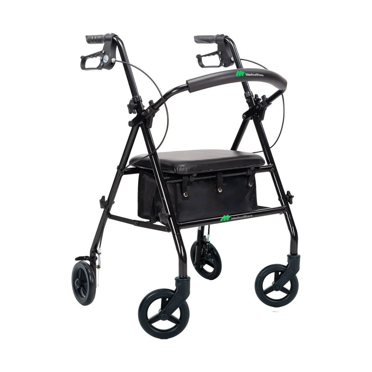 Andadera ortopédica rollator para adulto con estructura de acero y ruedas todoterreno.
