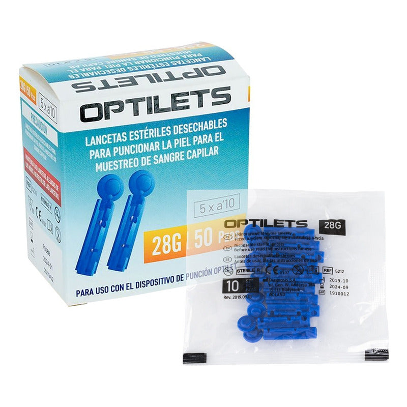 Lancetas Para Medición de Glucosa Optilets Caja 50 Piezas Compatible Glucómetro Abra Desechables y de Uso Único Seguras, Higiénicas y Precisas para Diabetes