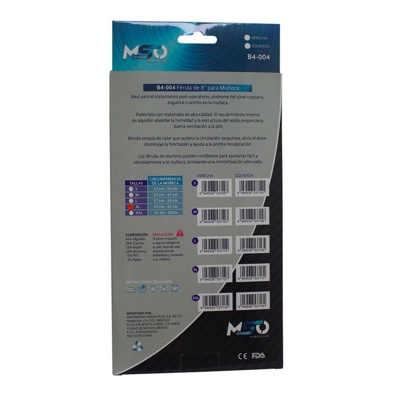 Muñequera Ortopédica MSO con Férula Anatómica Ajustable Soporte para Túnel Carpiano Esguince y Dolor de Muñeca
