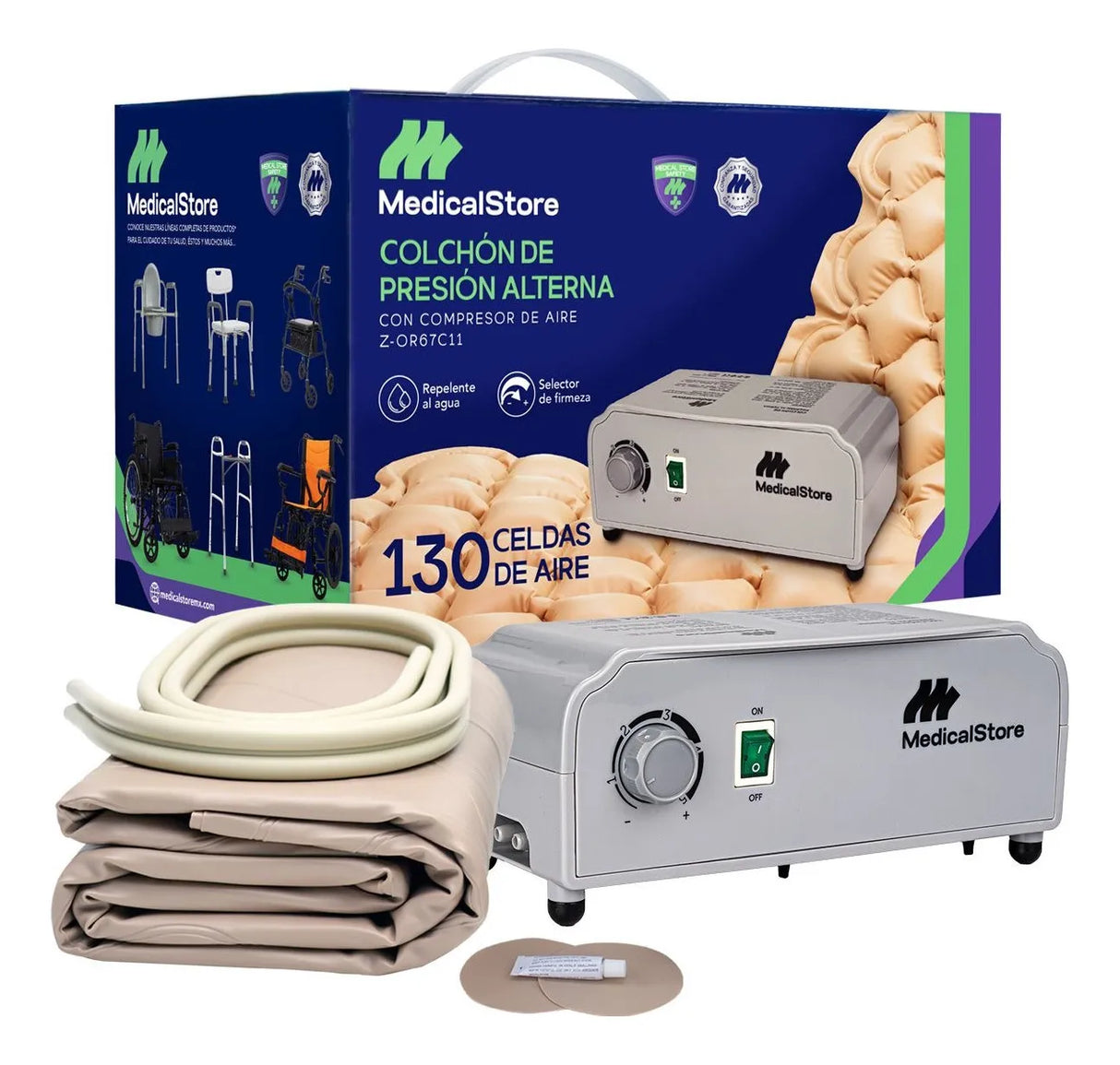 Detalle del colchón antiescaras de presión alterna con solapas de sujeción que evitan desplazamientos.