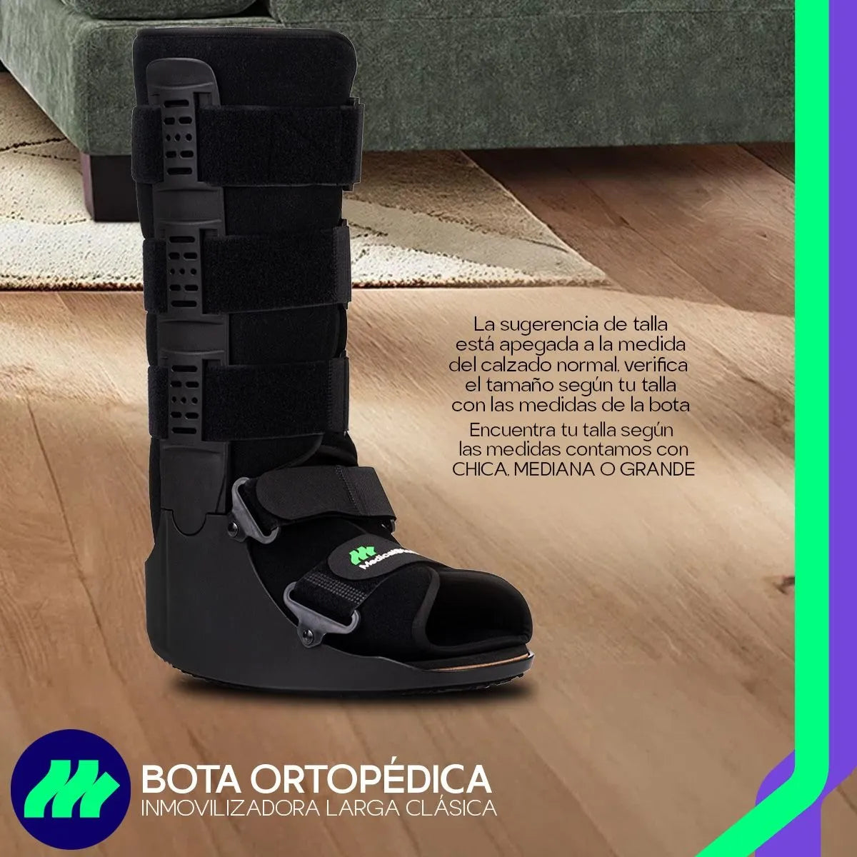 Detalle de la suela antiderrapante de la bota ortopédica inmovilizador de tobillo para mayor seguridad al caminar.