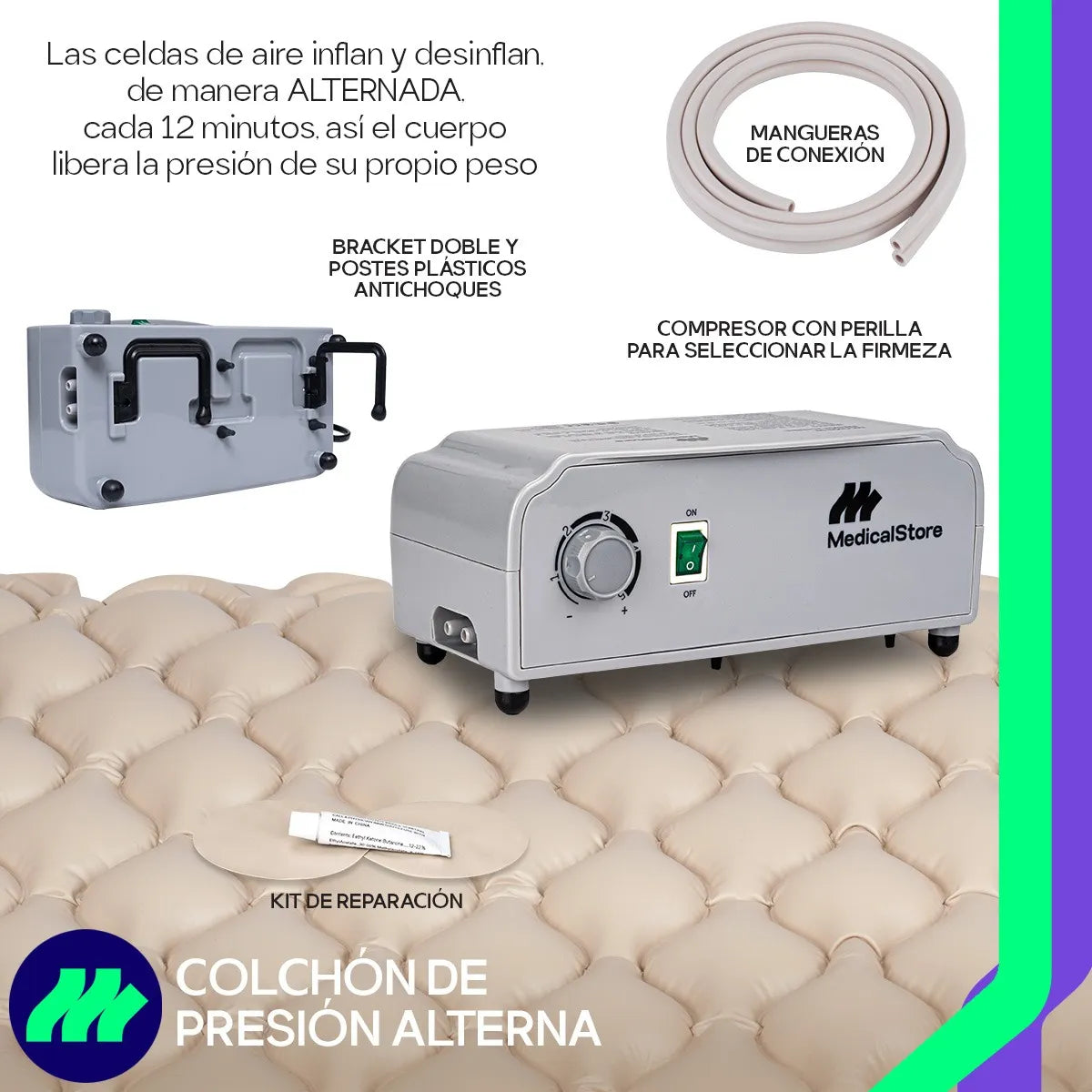 Colchón antiescaras de presión alterna instalado en cama individual con diseño discreto y cómodo.