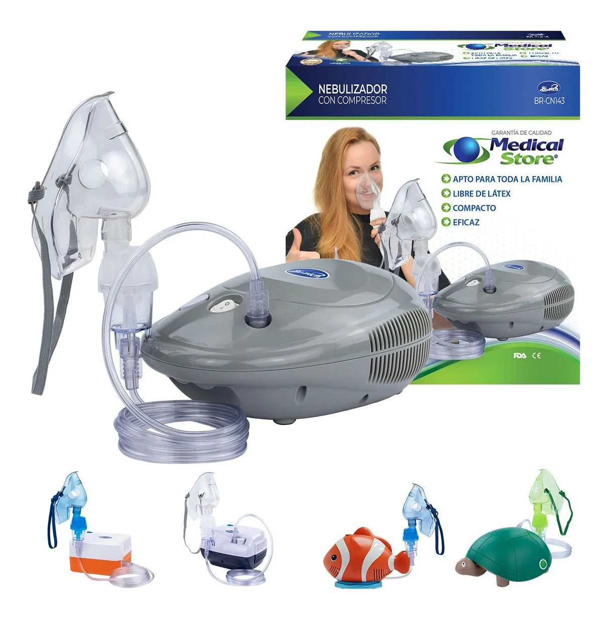 Vista completa del Nebulizador Médico Portátil Silencioso con mascarillas para adulto e infantil, ideal para uso doméstico y transporte médico seguro.