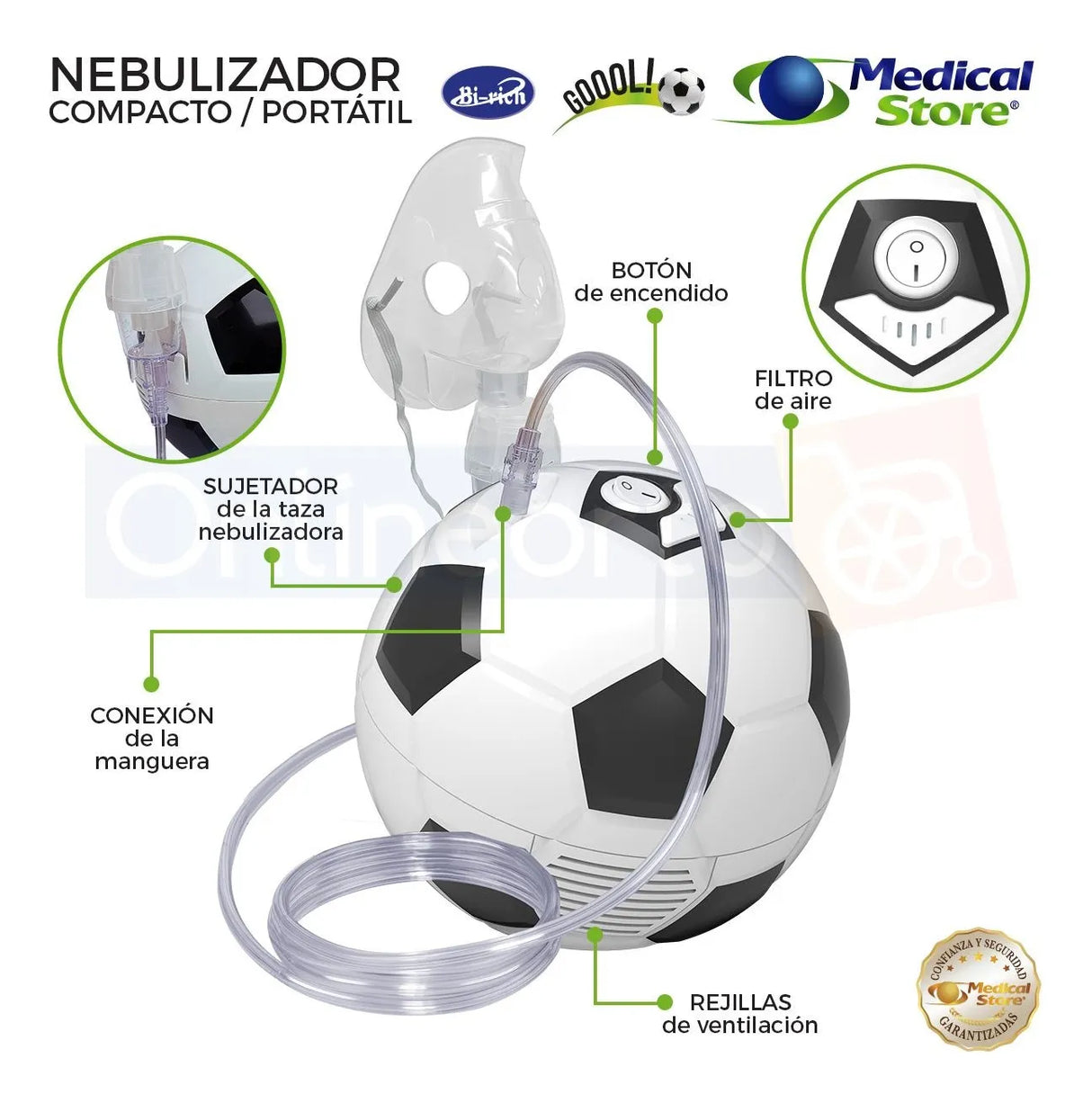 Equipo Nebulizador Médico Portátil Balón con operación de un solo botón, diseño ligero y portátil.