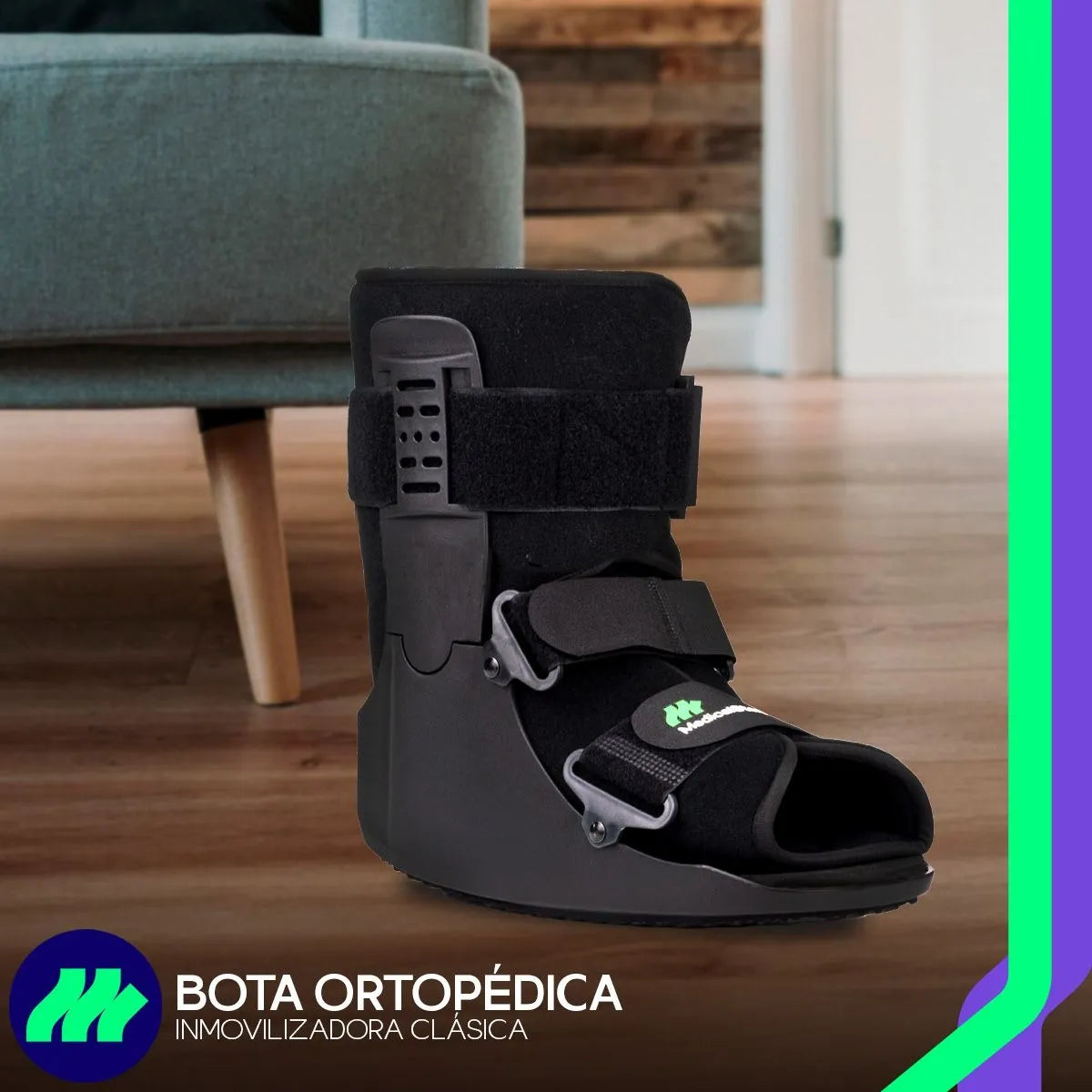 Bota inmovilizadora tobillo corta vista lateral, diseño ambidiestro