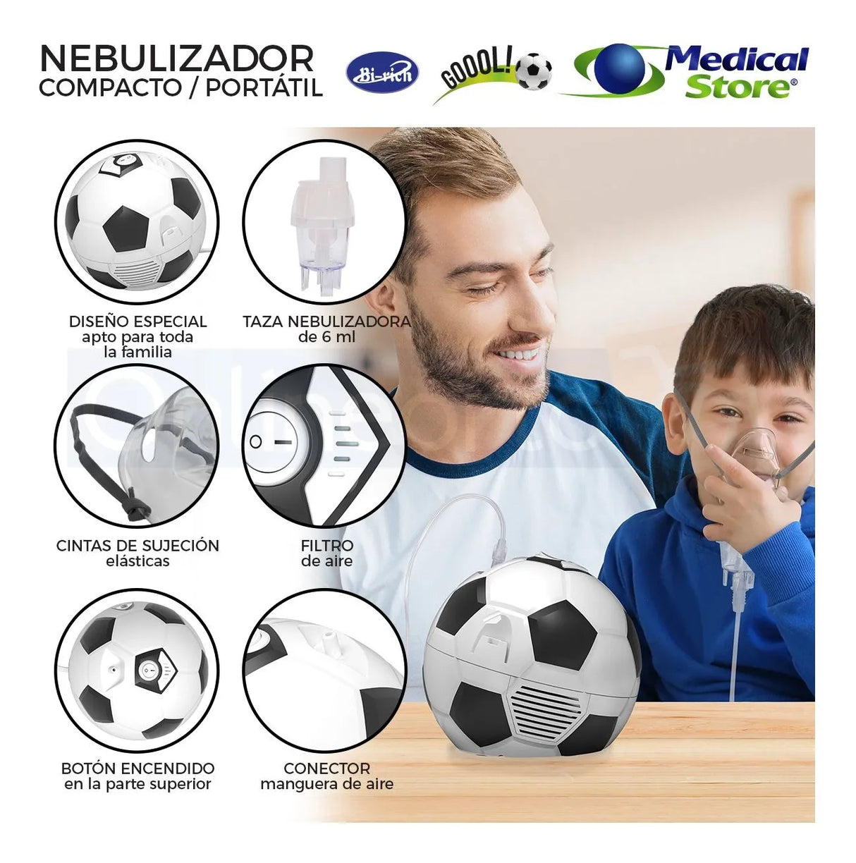 Vista superior del Nebulizador Médico Portátil Balón mostrando su diseño ergonómico y compacto.