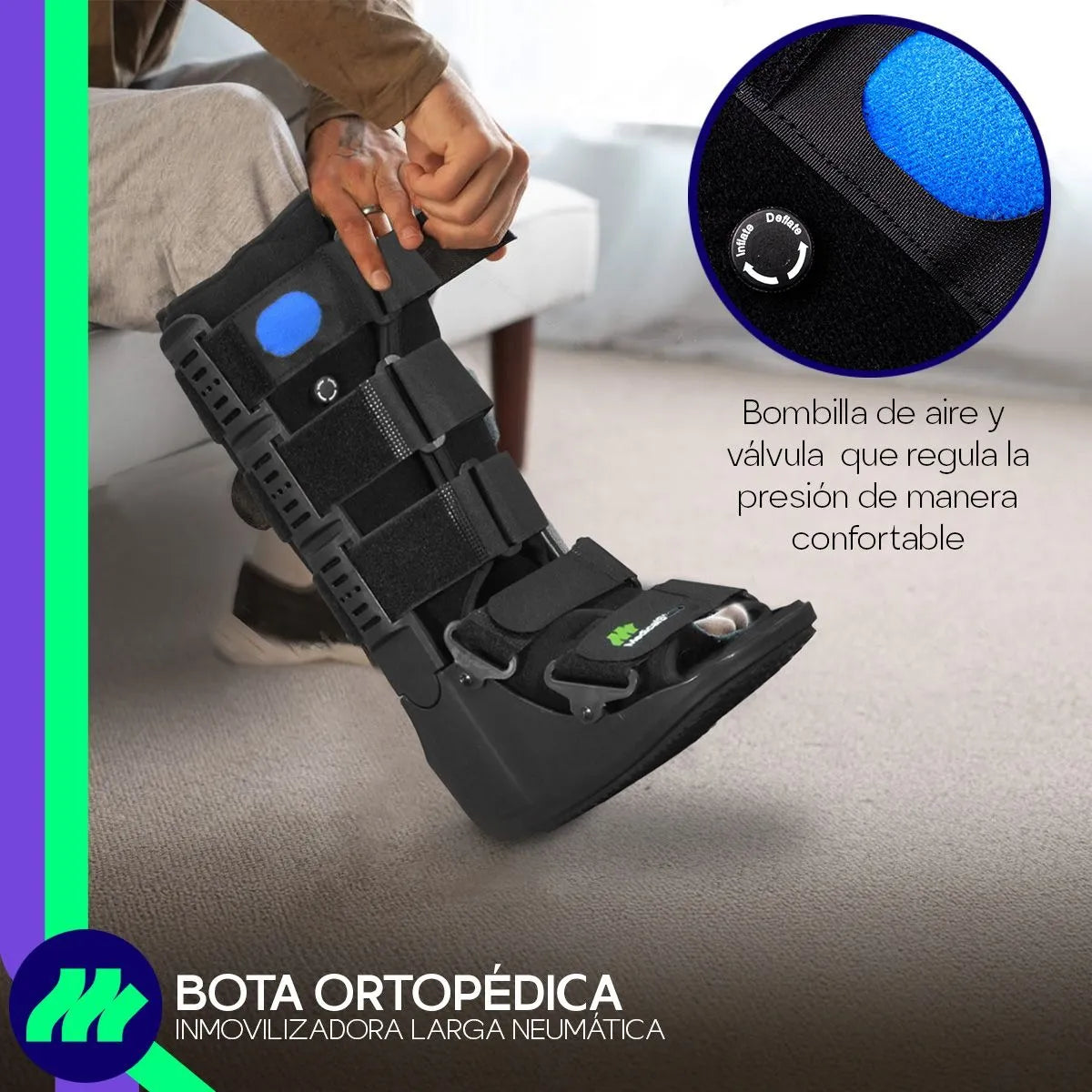 Sistema de balancín en la suela de la bota ortopédica Walker neumática que simula la marcha natural del pie.