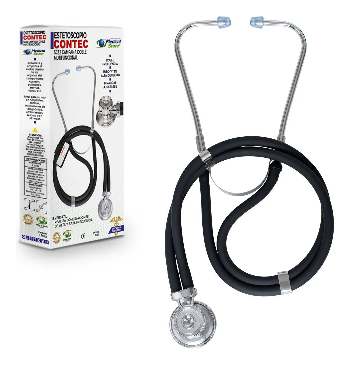 Estetoscopio Médico Contec SC32 Doble Campana Adulto y Pediátrico Tubo Doble PVC Alta Sensibilidad Diagnóstico Clínico Preciso
