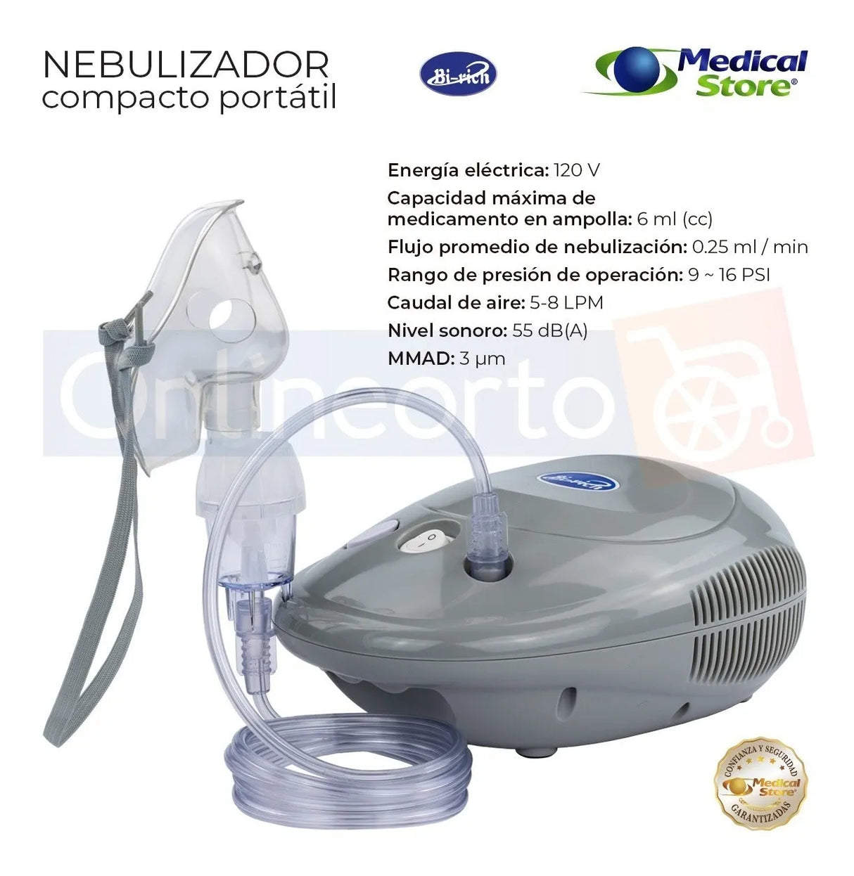 Vista lateral del Nebulizador Médico Portátil Silencioso, diseño compacto y ligero que facilita su transporte y almacenamiento.