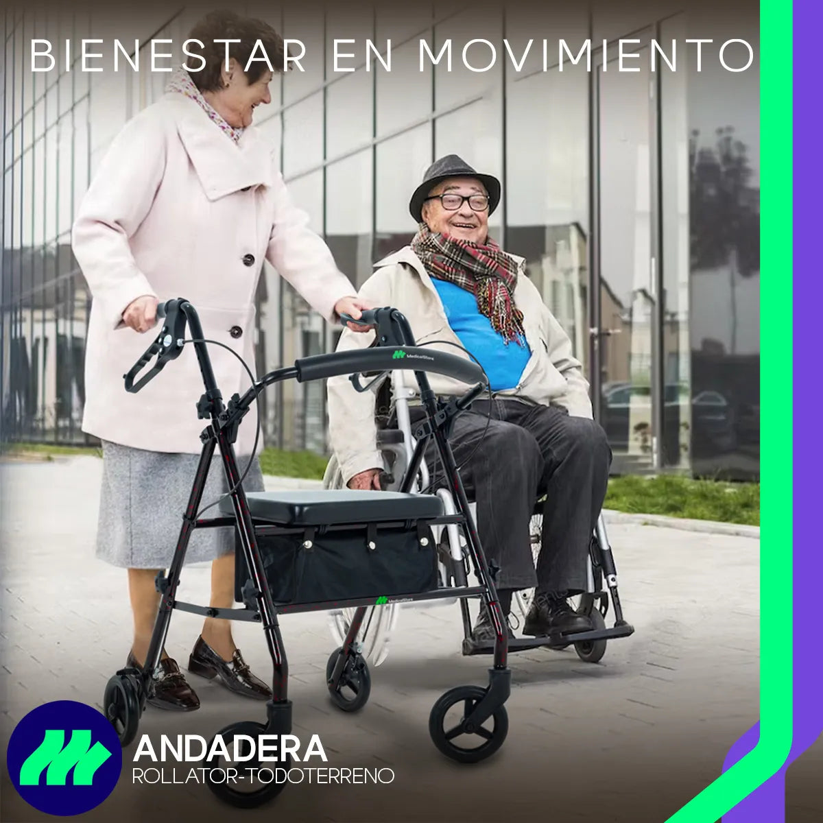 Andadera ortopédica rollator todoterreno con asiento y respaldo acolchado