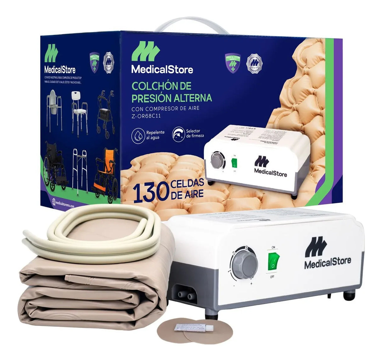 Colchón antiescaras de presión alterna en cama hospitalaria, ideal para pacientes con movilidad reducida.