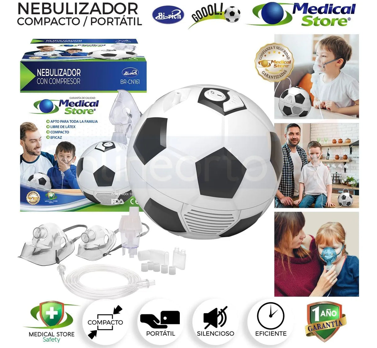 Vista lateral del Nebulizador Médico Portátil Balón mostrando la taza nebulizadora y manguera de aire.