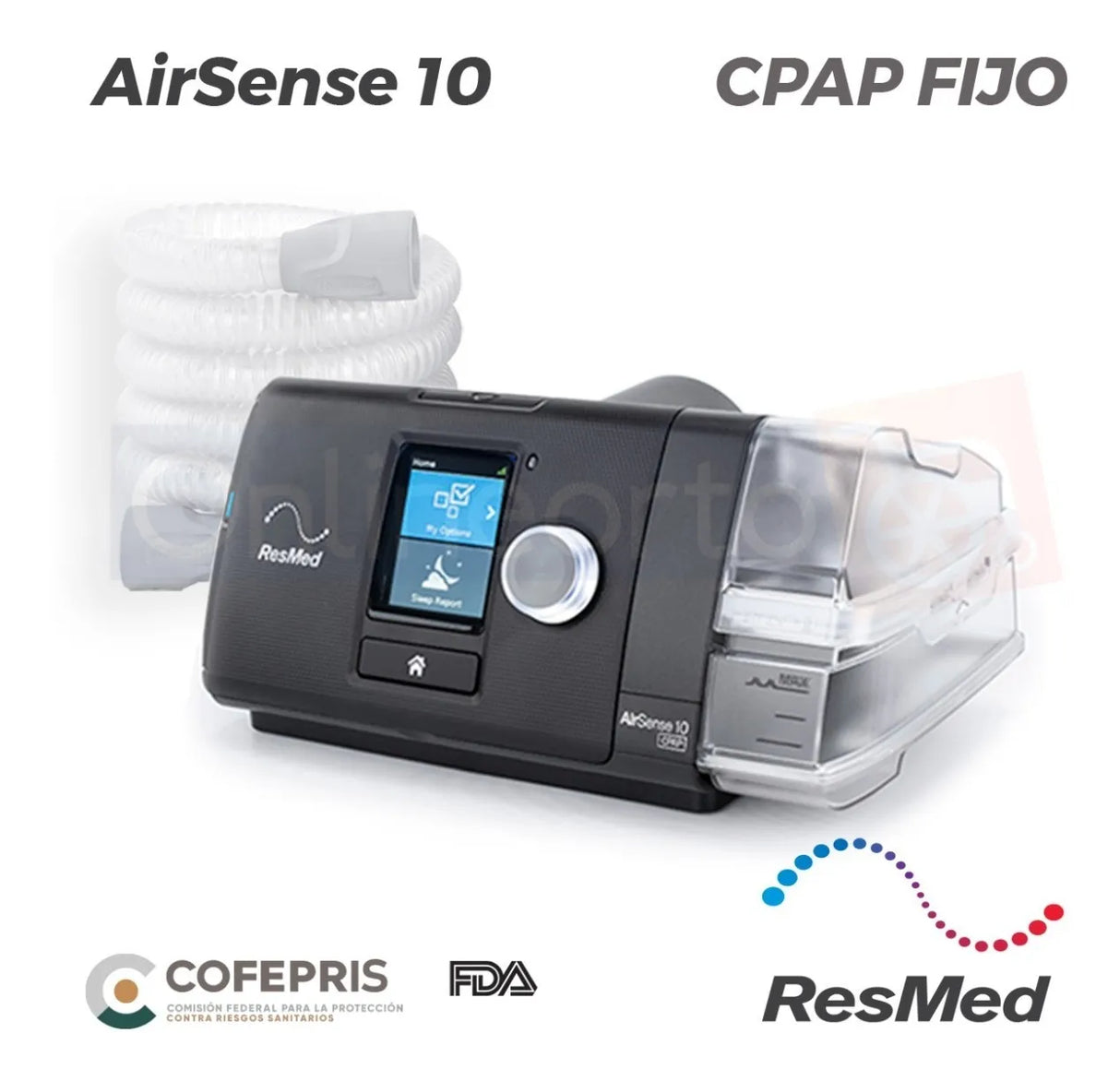 CPAP ResMed AirSense 10 con humidificador integrado para terapia cómoda del sueño.