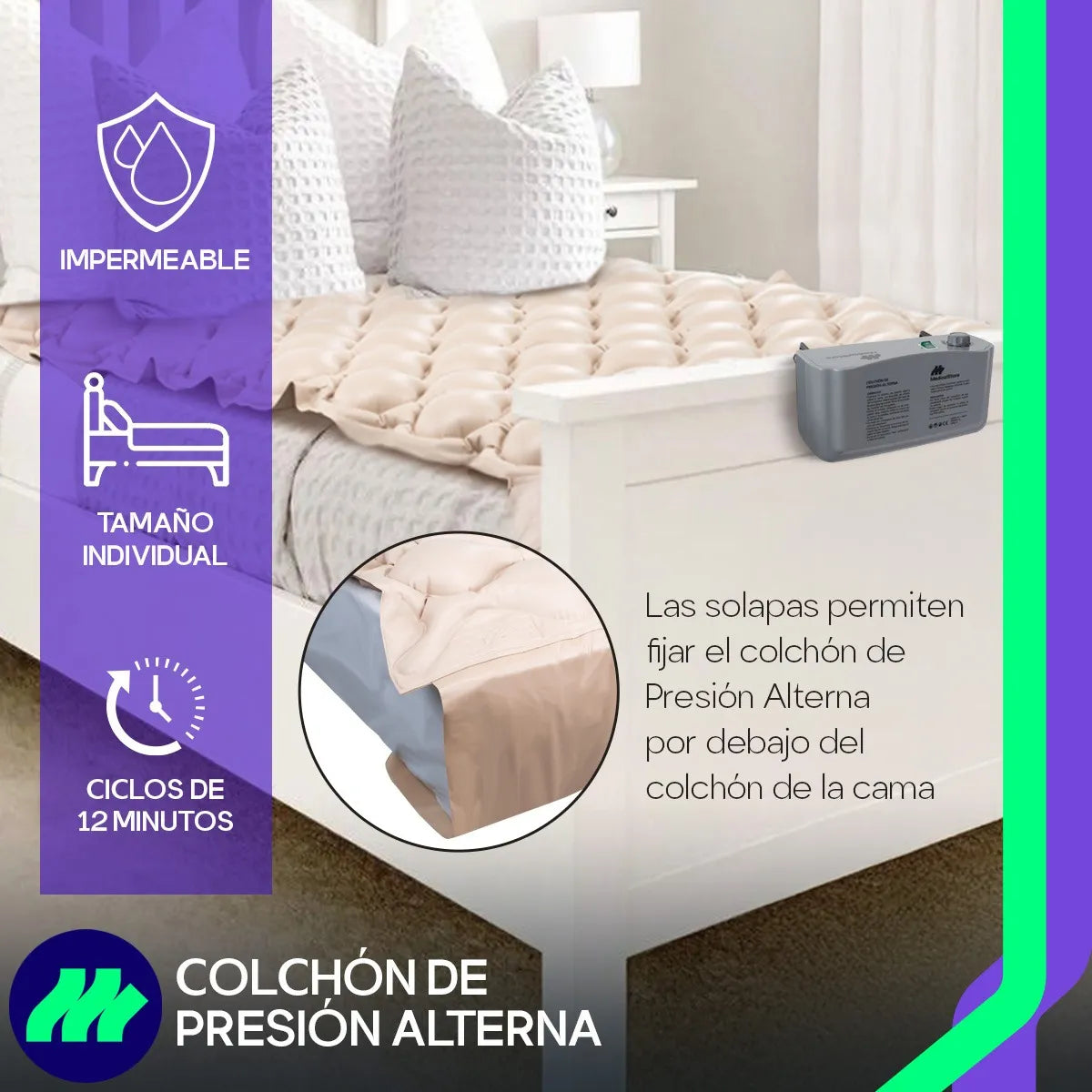 Detalle de la altura máxima de las células del colchón antiescaras de presión alterna para soporte óptimo.