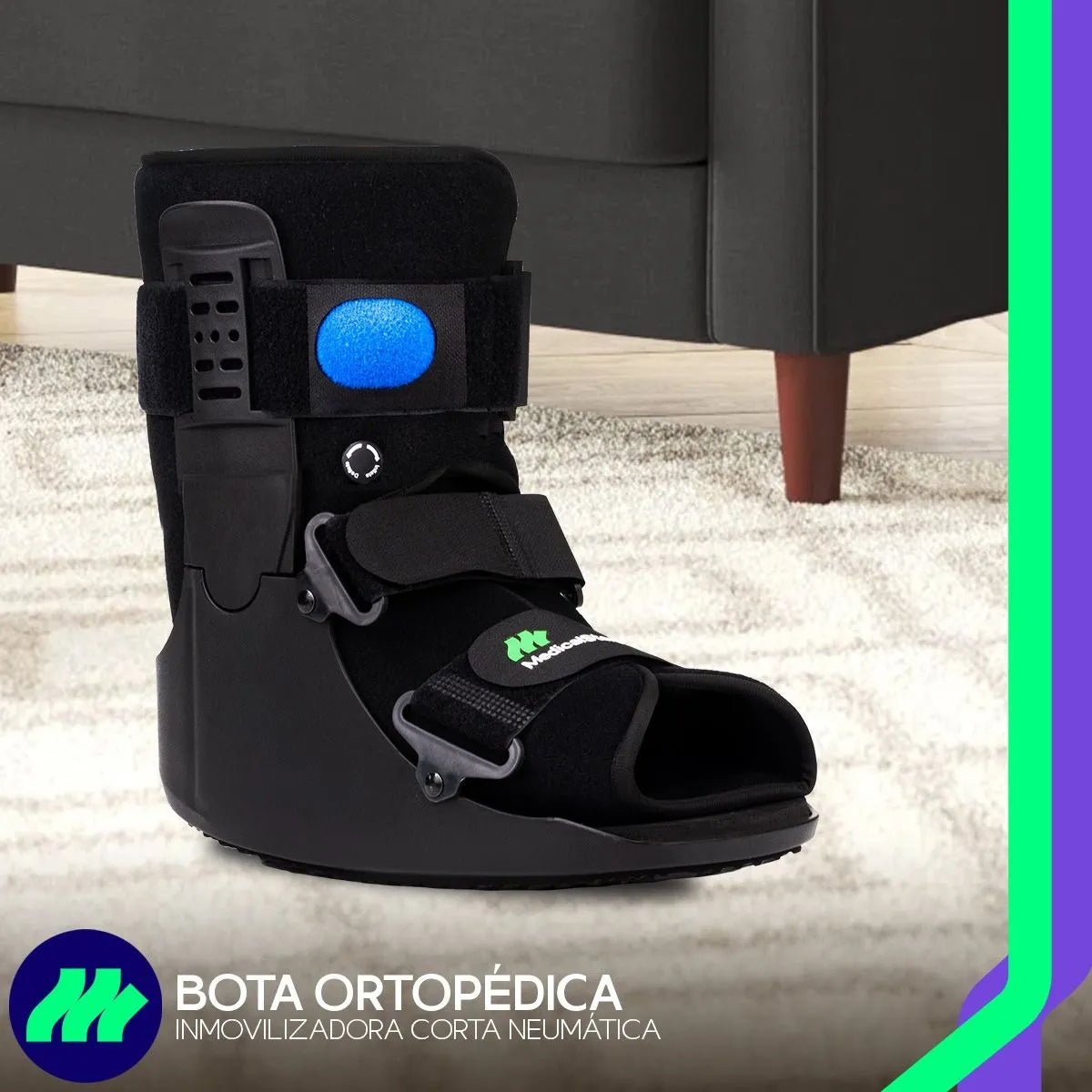 Vista lateral de la bota ortopédica corta mostrando la suela con sistema de balancín.