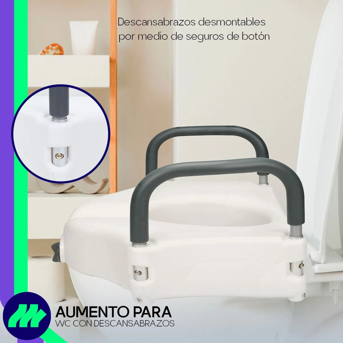 Vista superior del asiento del Aumento Asiento Extensión Para WC Baño Seguro Apoya Brazos, destacando su diseño ergonómico y cómodo para el usuario.