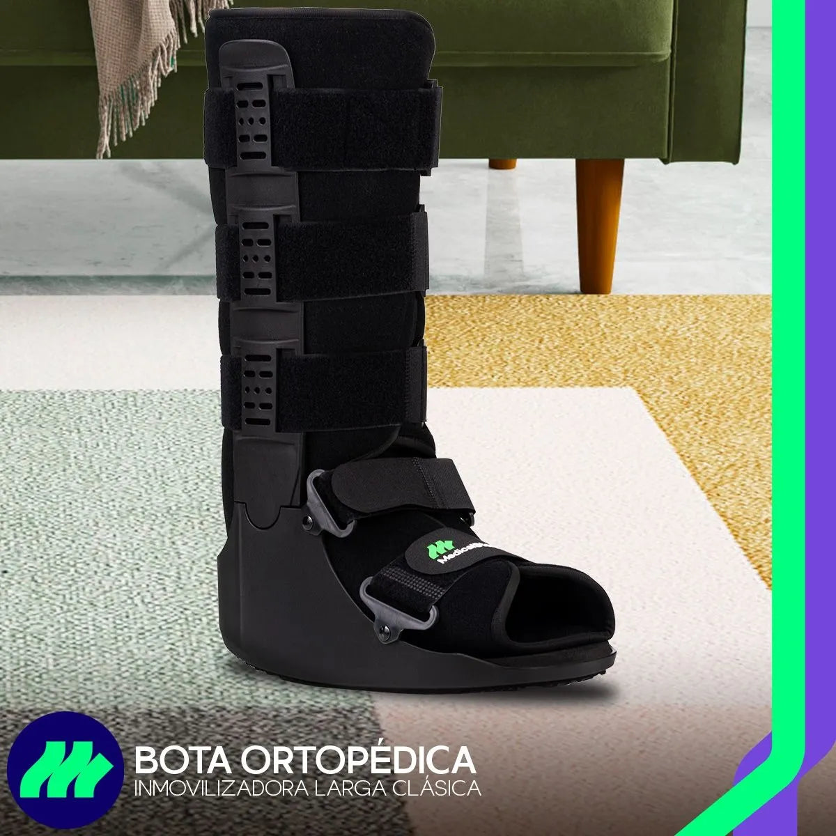 Vista lateral de la bota ortopédica inmovilizador de tobillo mostrando soporte firme y diseño ambidiestro.