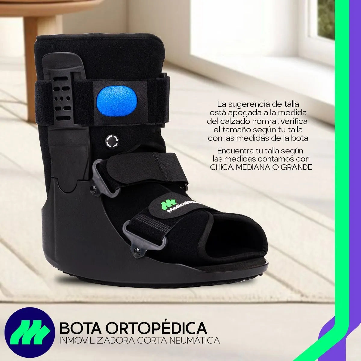 Bota neumática ortopédica corta en talla mediana sobre fondo blanco, mostrando todos los detalles.