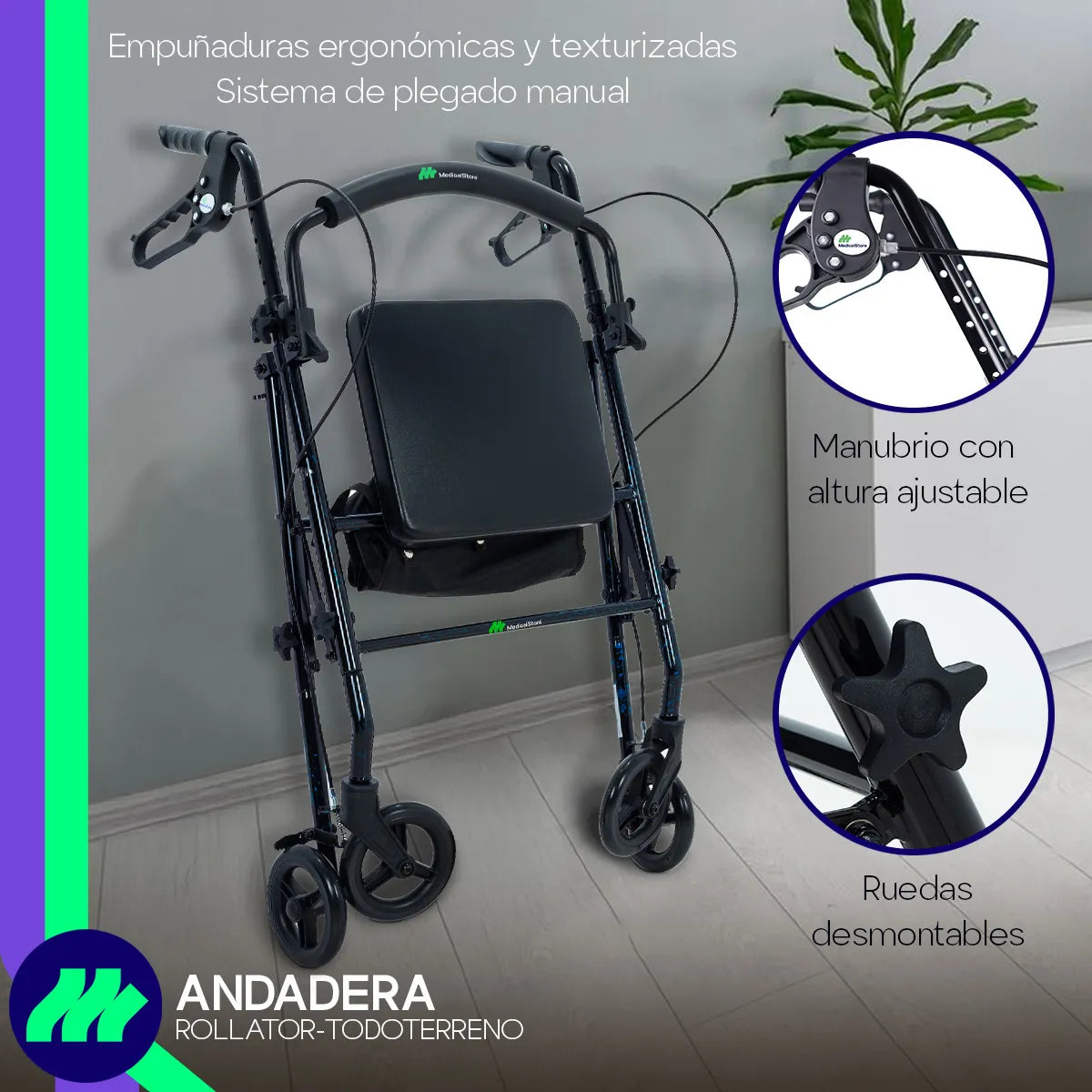 Andadera ortopédica rollator con ruedas todoterreno de 6 pulgadas