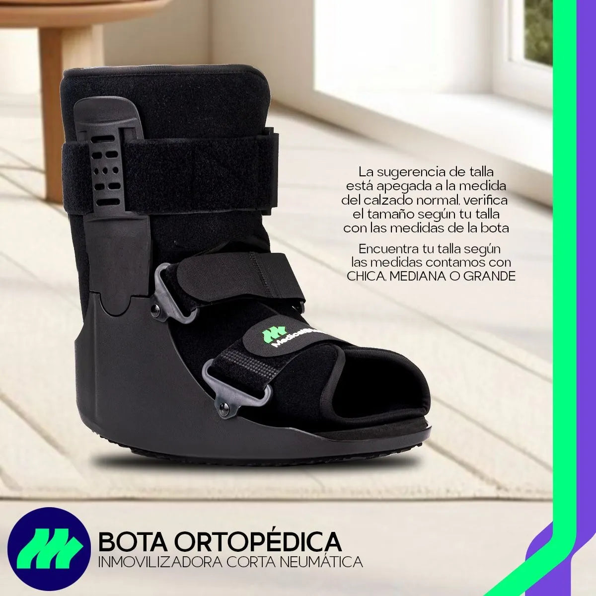 Vista posterior de bota inmovilizadora tobillo corta mostrando soporte lateral