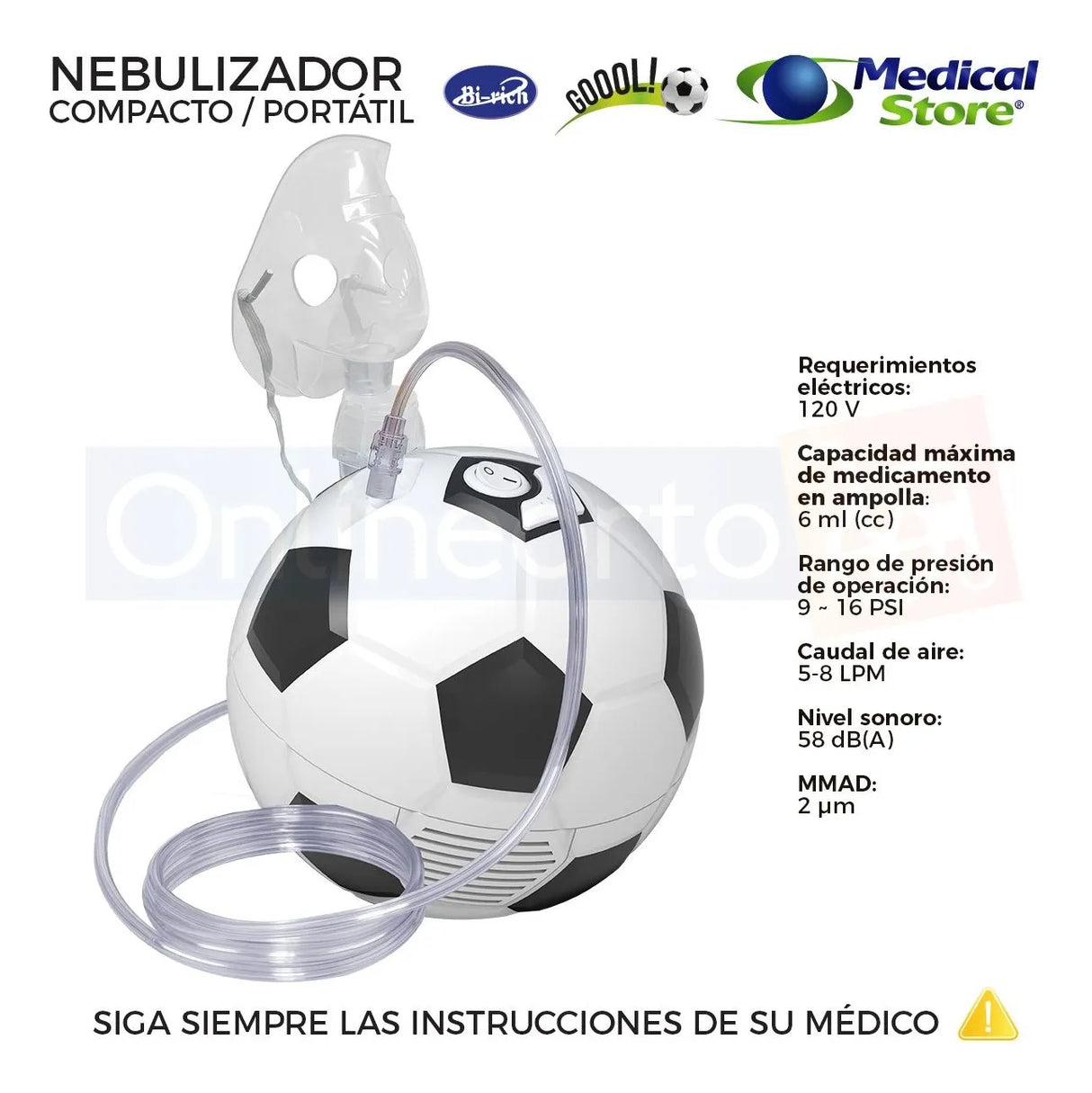 Nebulizador Médico Portátil Balón con boquilla, nariguera y filtros de repuesto, seguro y eficiente.