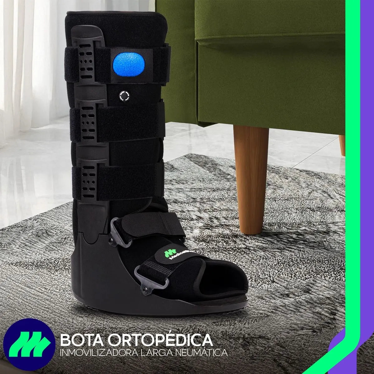 Vista lateral de la bota ortopédica Walker neumática mostrando la válvula y bombilla de aire para ajuste de presión.