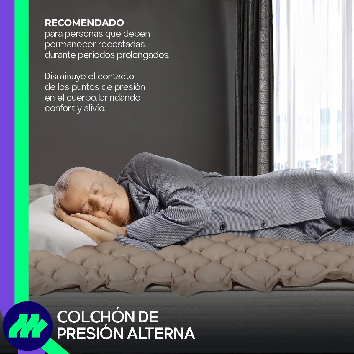 Vista superior del colchón antiescaras de presión alterna destacando las 130 células de aire y su estructura ergonómica.