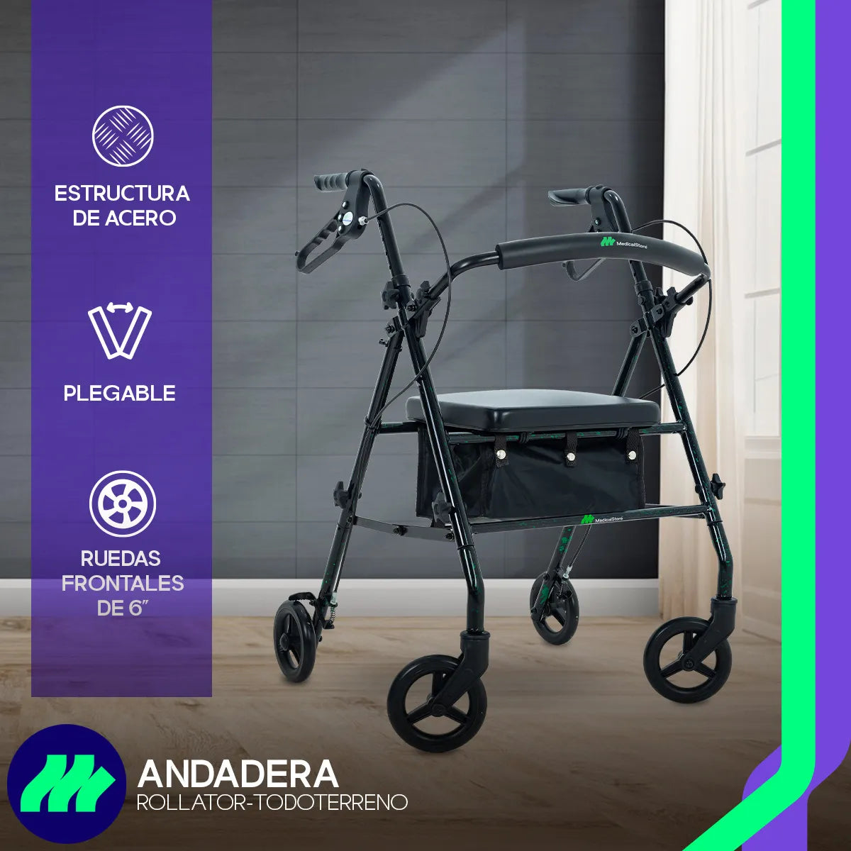 Andadera ortopédica rollator con manubrios ajustables y empuñaduras ergonómicas