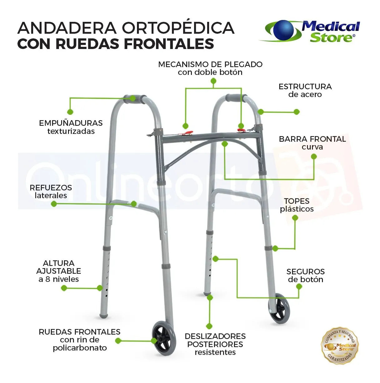 Ajuste de altura en 8 niveles de la Andadera Ortopédica Plegable