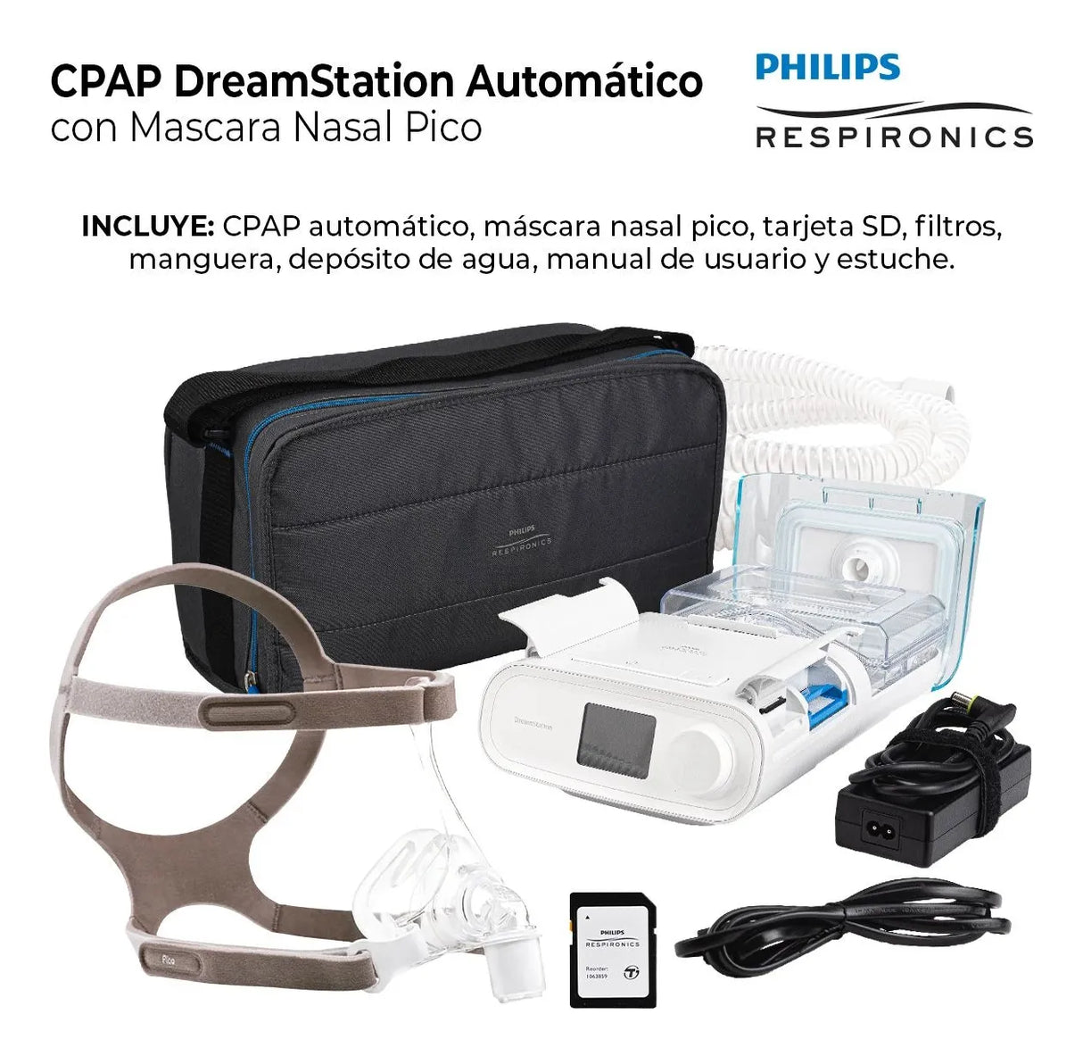 Diseño silencioso y compacto ideal para uso en casa, hospital o clínica. Terapia CPAP confiable para apnea del sueño.