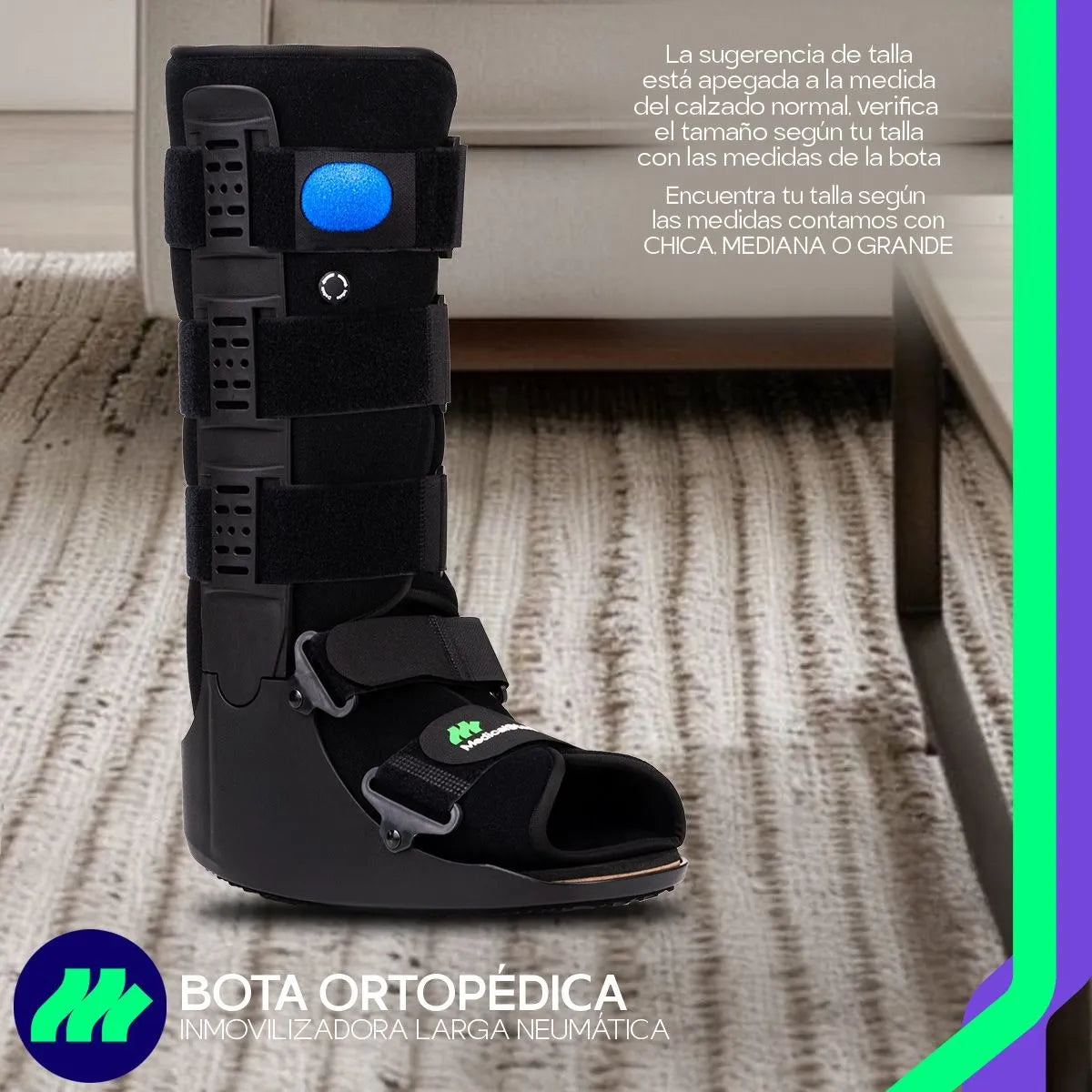 Detalle de la suela antiderrapante de la bota ortopédica Walker neumática para seguridad al caminar.