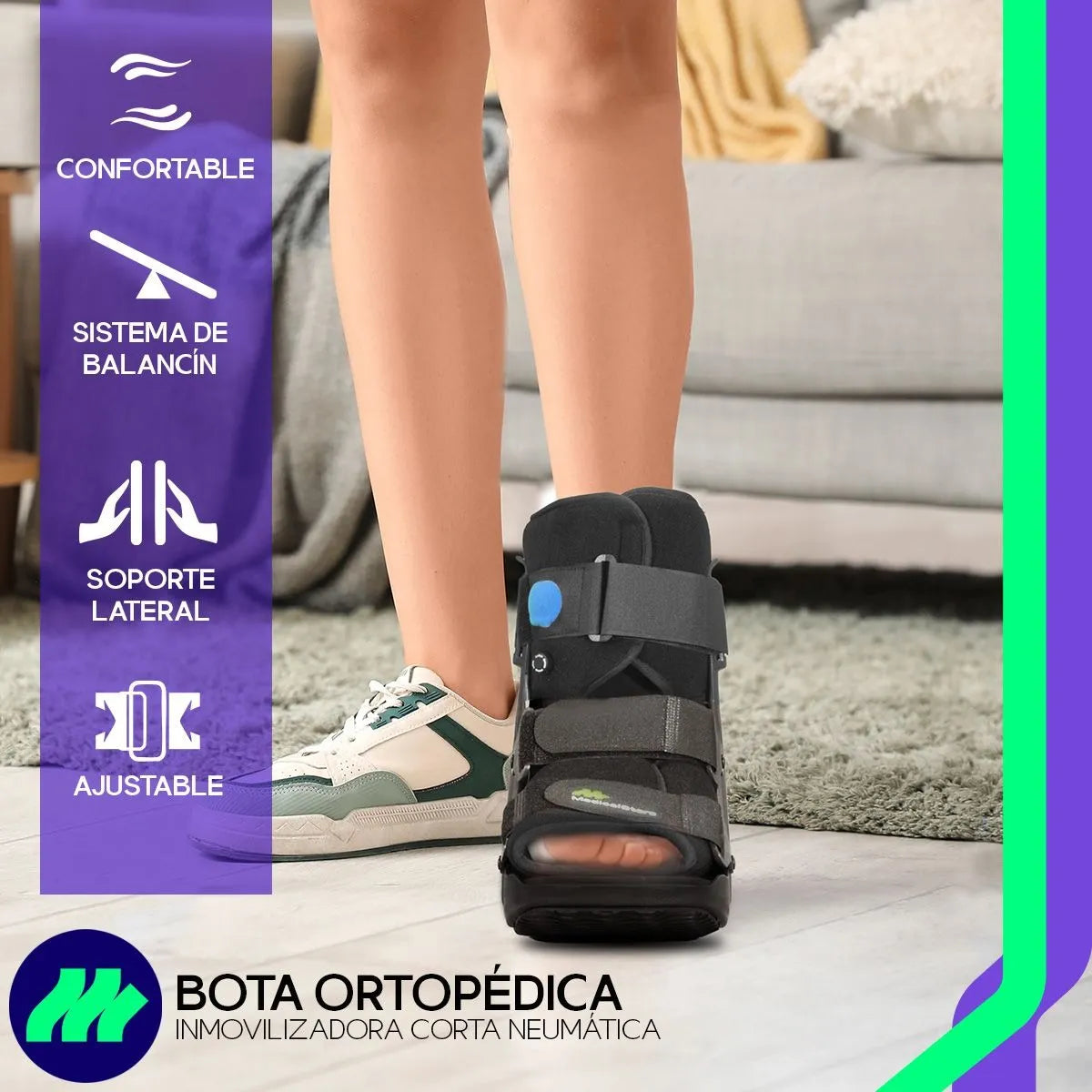 Sistema de cintas de velcro para ajuste firme y cómodo del tobillo.