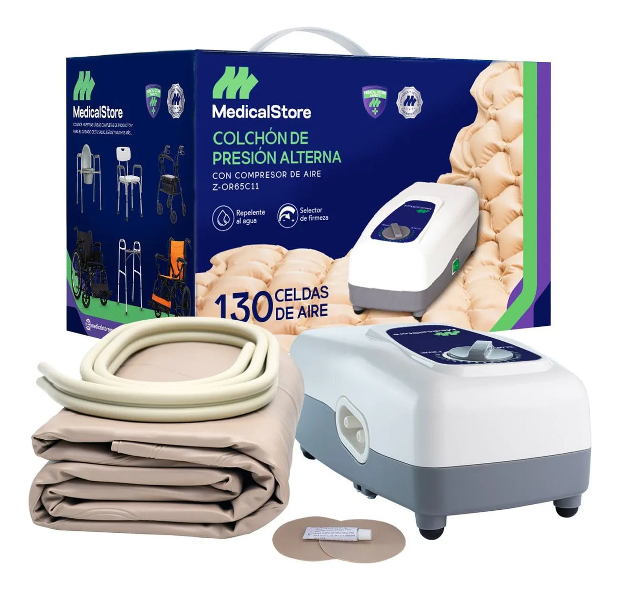 Vista lateral del colchón antiescaras de presión alterna mostrando su diseño ergonómico y altura ajustable de células.