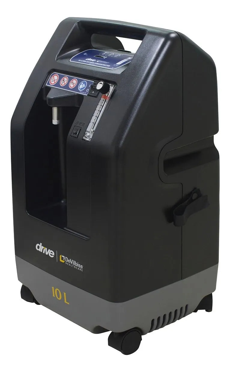 Vista frontal del Concentrador de Oxígeno 10L mostrando su panel de control intuitivo y alarmas visuales y auditivas.