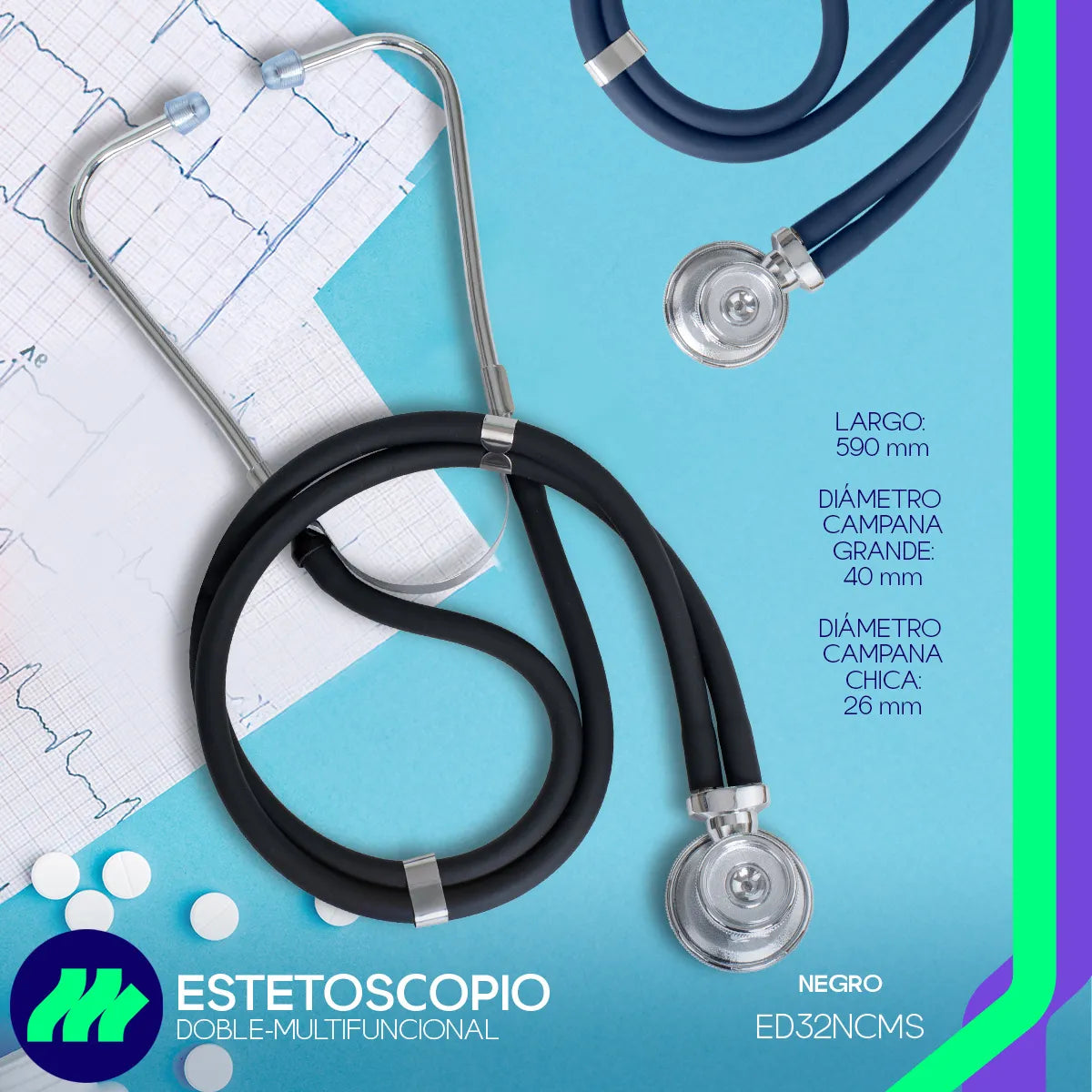 Estetoscopio Médico Contec SC32 Doble Campana Adulto y Pediátrico Tubo Doble PVC Alta Sensibilidad Diagnóstico Clínico Preciso