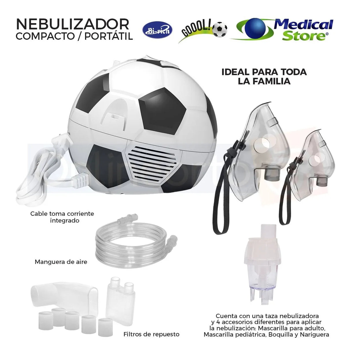 Nebulizador Médico Portátil Balón mostrando el compresor y accesorios incluidos para uso doméstico.