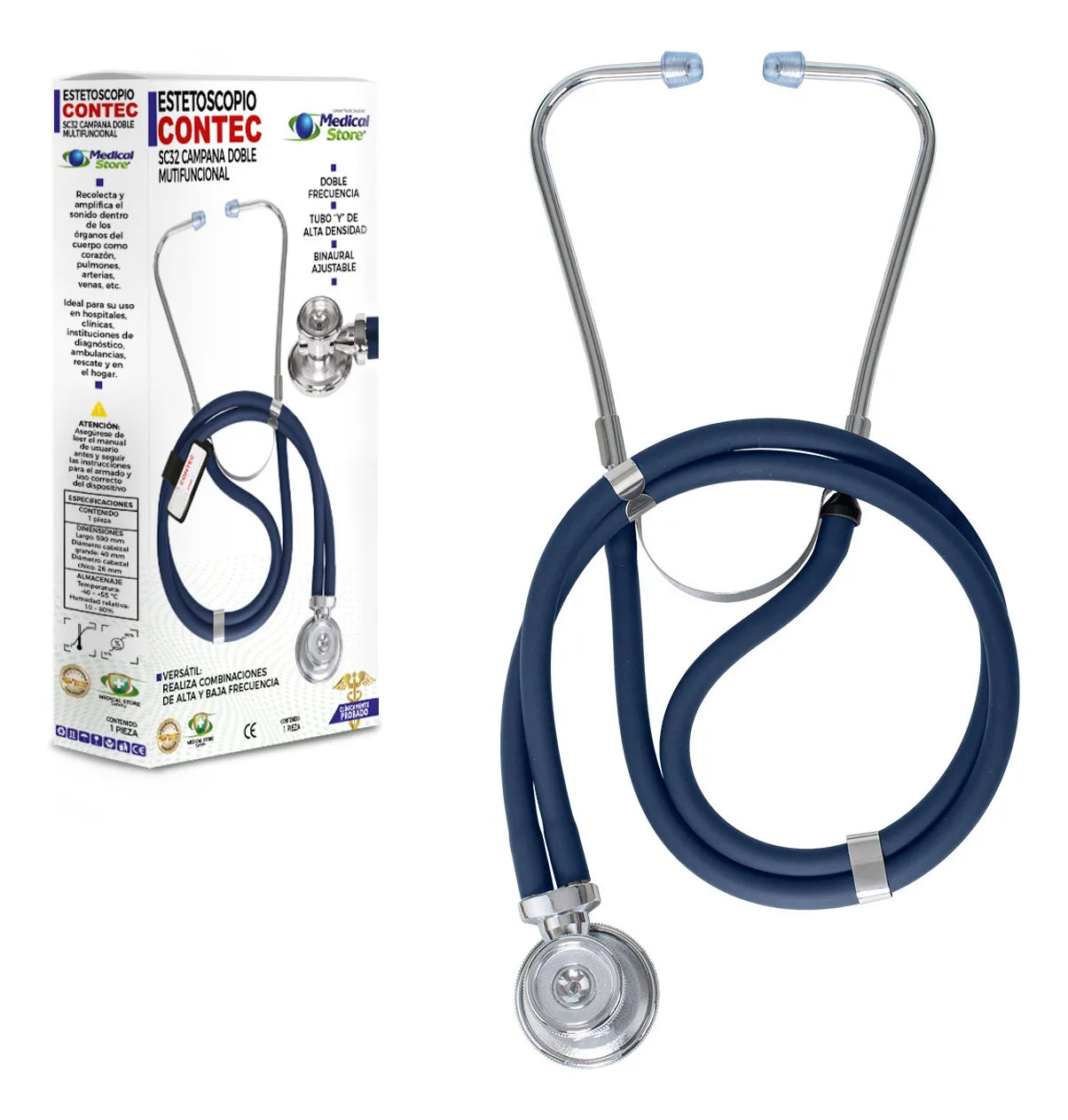 Estetoscopio Médico Contec SC32 Doble Campana Adulto y Pediátrico Tubo Doble PVC Alta Sensibilidad Diagnóstico Clínico Preciso