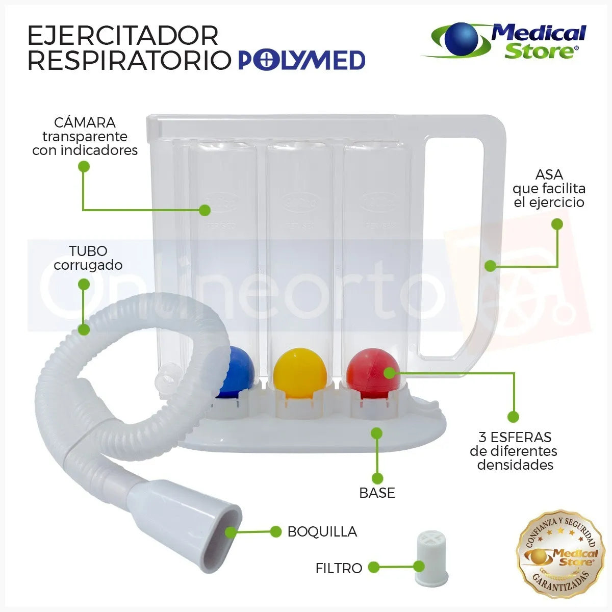 Inspirómetro Ejercitador Pulmonar Respiratorio con Asa Ergonómica Filtro de Aire y Diseño Desarmable para Limpieza Gimnasia Respiratoria Segura