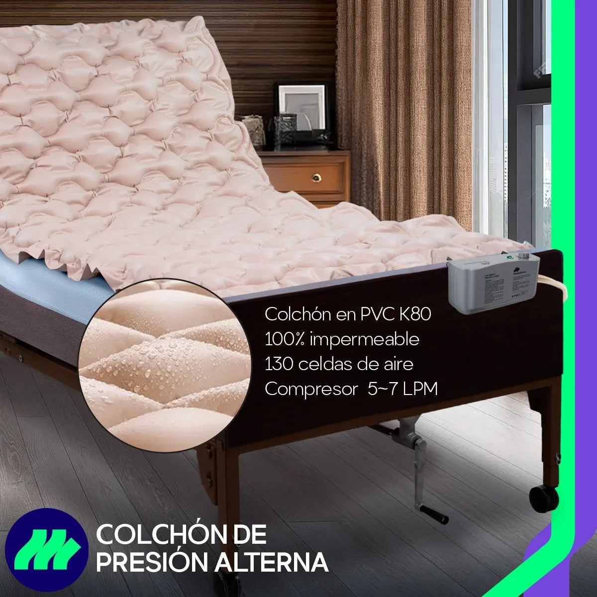 Colchón antiescaras de presión alterna inflado y listo para su uso, garantizando distribución de presión uniforme.