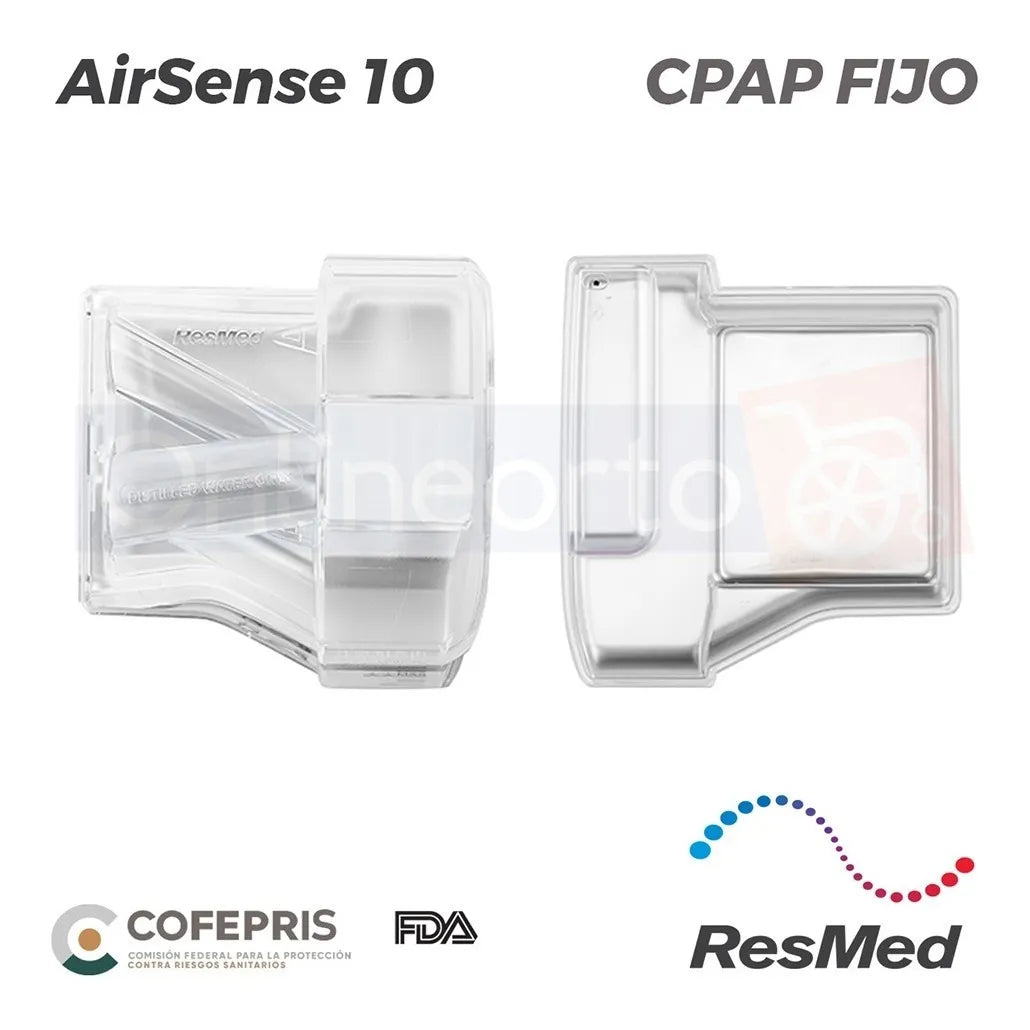 CPAP fijo ResMed AirSense 10 con acabado moderno y diseño ergonómico portátil.