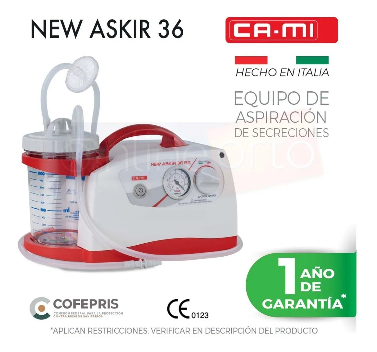 Equipo Aspirador de Secreciones 36 Litros Portátil CA-MI New Askir 36 BR para Uso Médico y Clínico