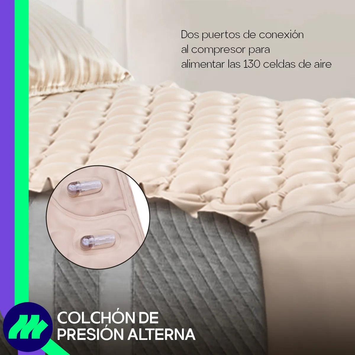 Colchón antiescaras de presión alterna con compresor colocado en piecera, mostrando facilidad de instalación.