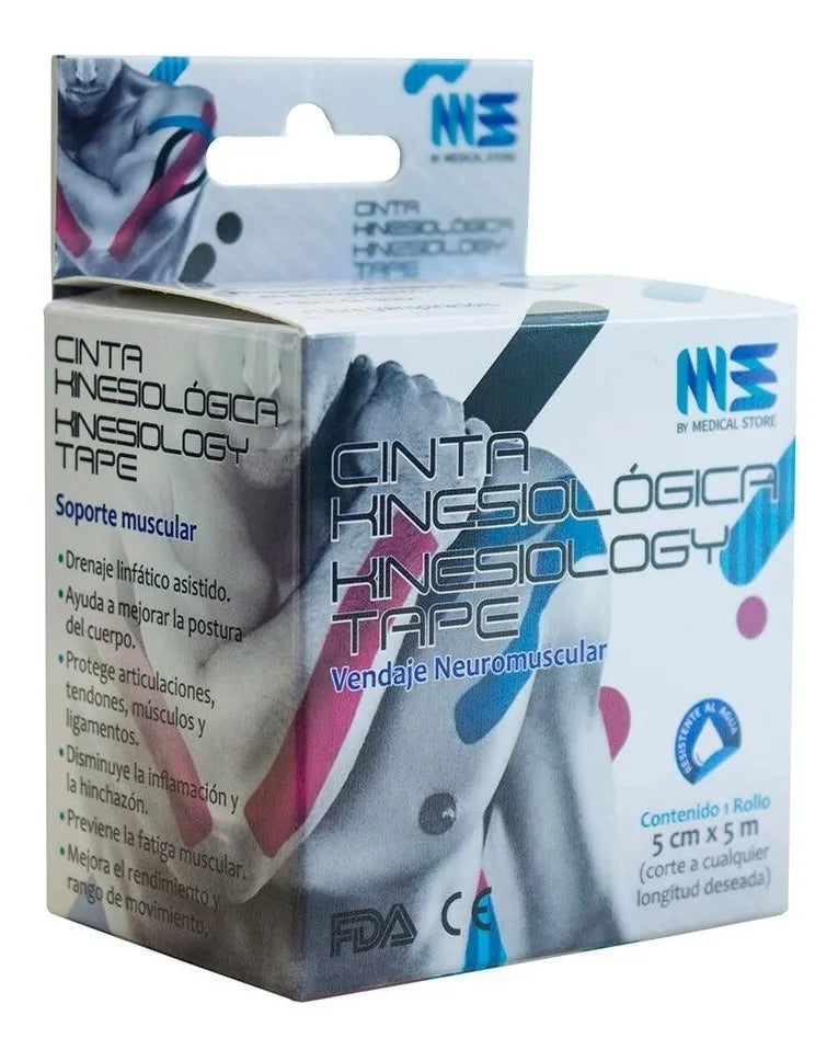 Cinta Kinesiológica MS Tape Hipoalergénica de Algodón Elástica 5m x 5cm Vendaje Neuromuscular para Lesiones Musculares y Articulares para Rehabilitación Deporte y Drenaje Linfático