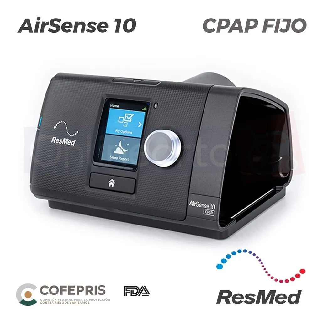Panel frontal del CPAP para apnea del sueño ResMed AirSense 10 con botones intuitivos.