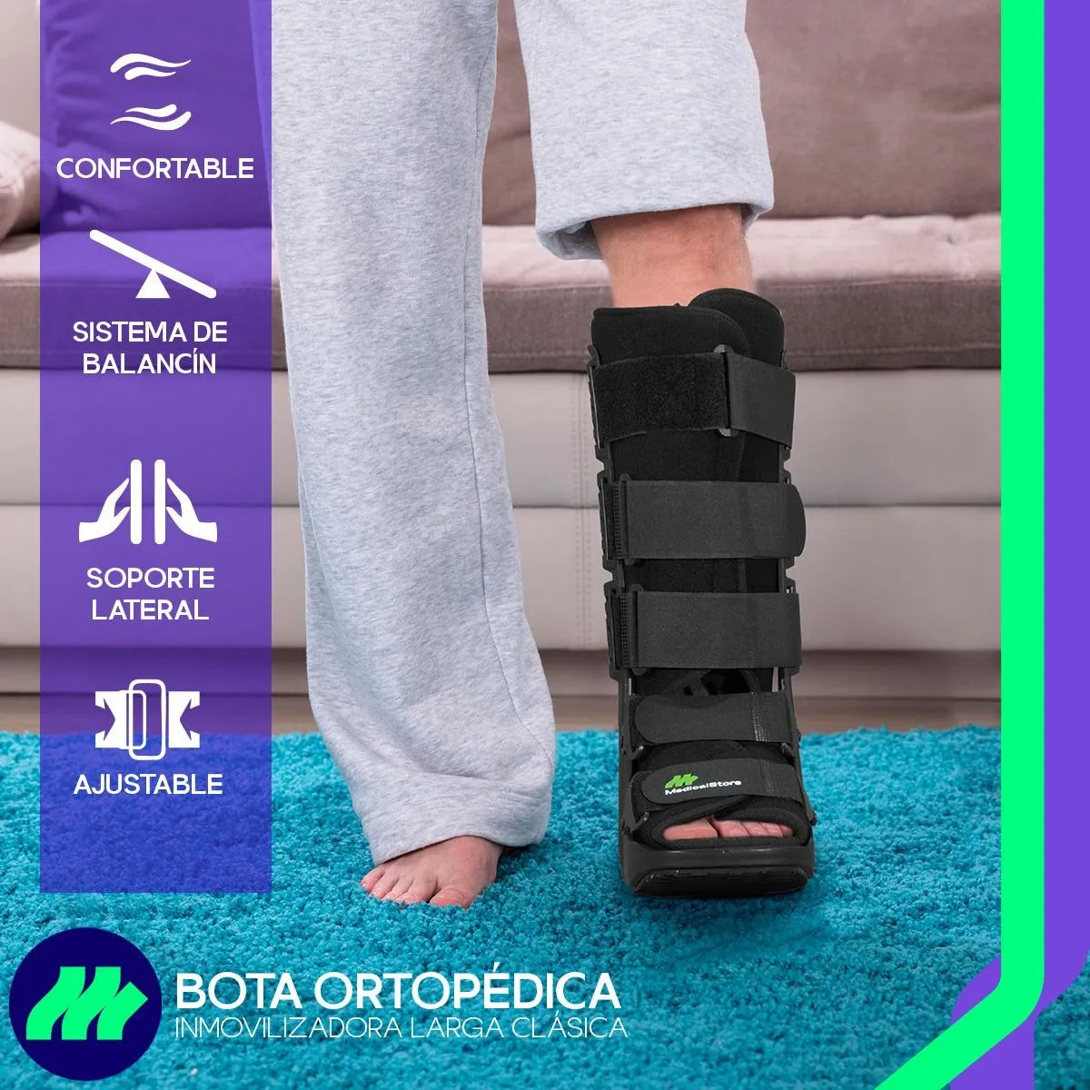 Vista superior de la bota ortopédica inmovilizador de tobillo mostrando plantilla perforada para ventilación.
