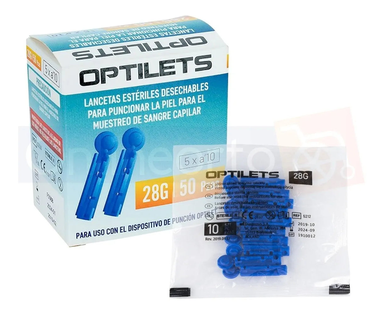 Lancetas Para Medición de Glucosa Optilets Caja 50 Piezas Compatible Glucómetro Abra Desechables y de Uso Único Seguras, Higiénicas y Precisas para Diabetes