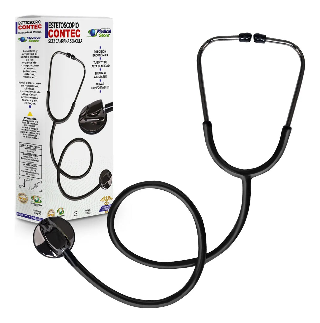 Estetoscopio Médico Contec SC12 Campana Sencilla Ergonomía Profesional Alta Sensibilidad Acústica Uso Clínico en Hospitales y Clínicas