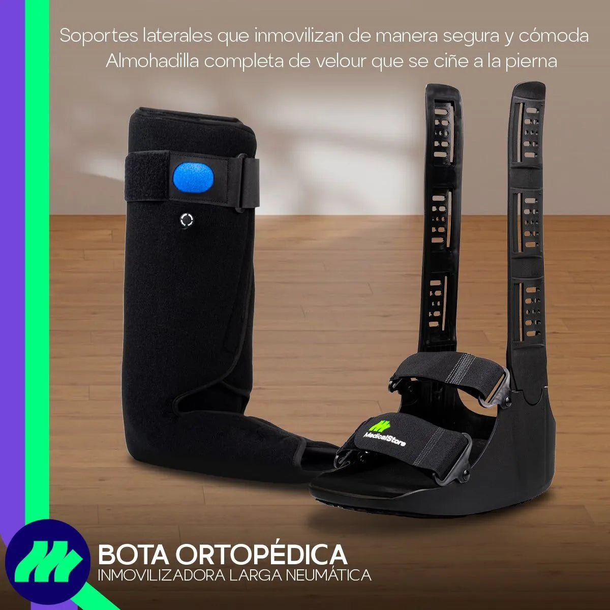 Bota ortopédica Walker neumática con estructura lateral reforzada y diseño ambidiestro.