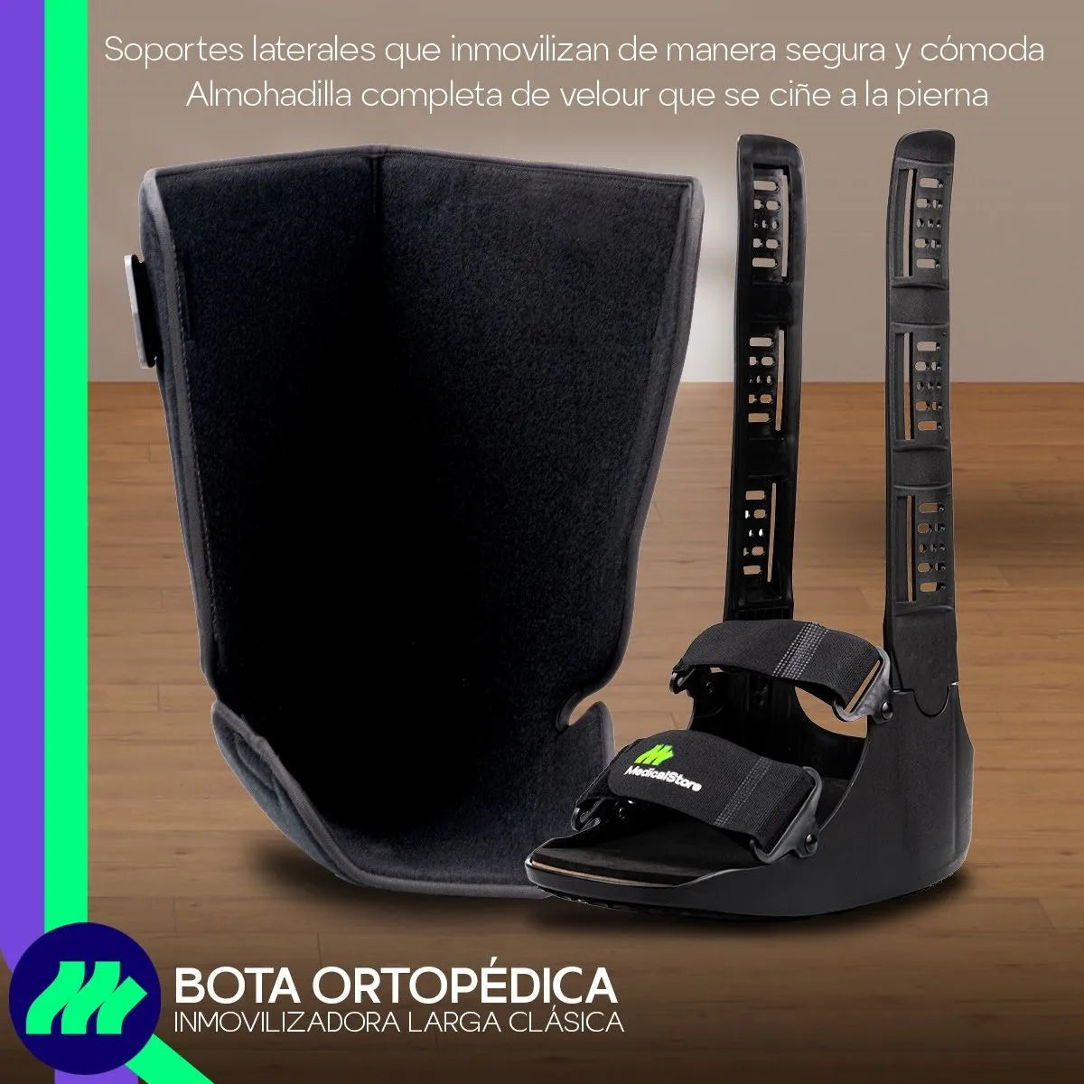 Bota ortopédica inmovilizador de tobillo con barra lateral reforzada y estructura en polietileno de alta densidad.