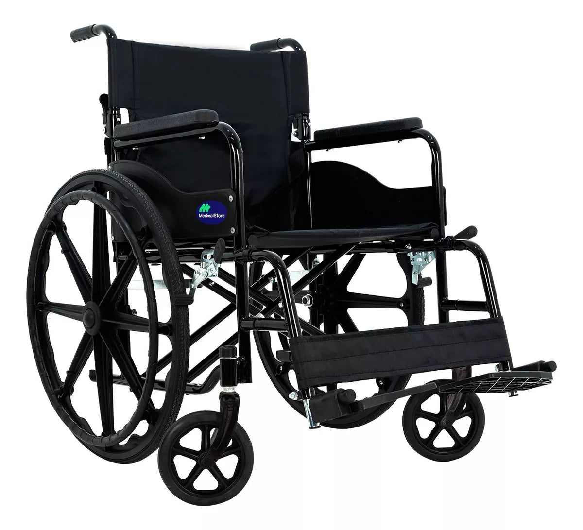 Silla de ruedas plegable de acero color negro, resistente y cómoda. Ideal para movilidad diaria con estilo y seguridad.